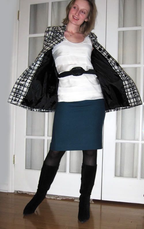 Teal J. Crew skirt with ivory Old Navy top