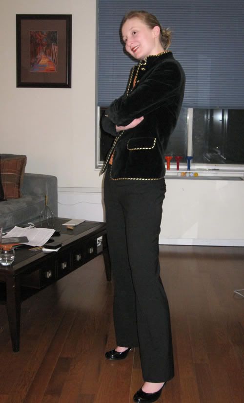 velvet jacket with silk blouse and black pants