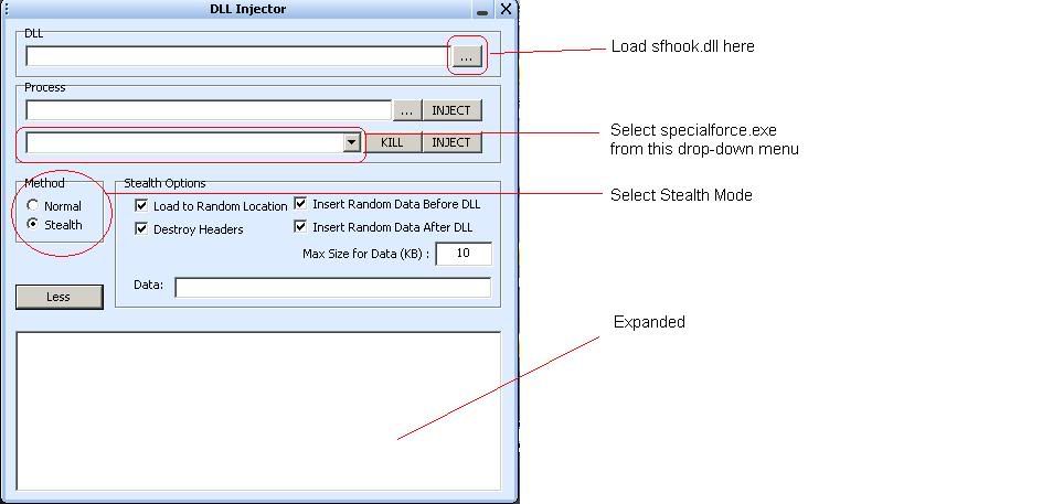 Load sfhook.dll (wireframe) on the DLL path 8. Tick Stealth Mode in the Methods options 9. Press More (to expand view)