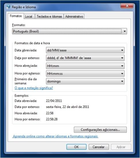 data por extenso no relógio do Windows 7