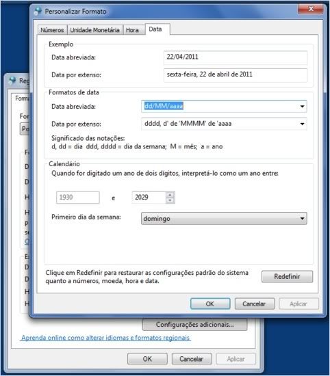data por extenso no relógio do Windows 7